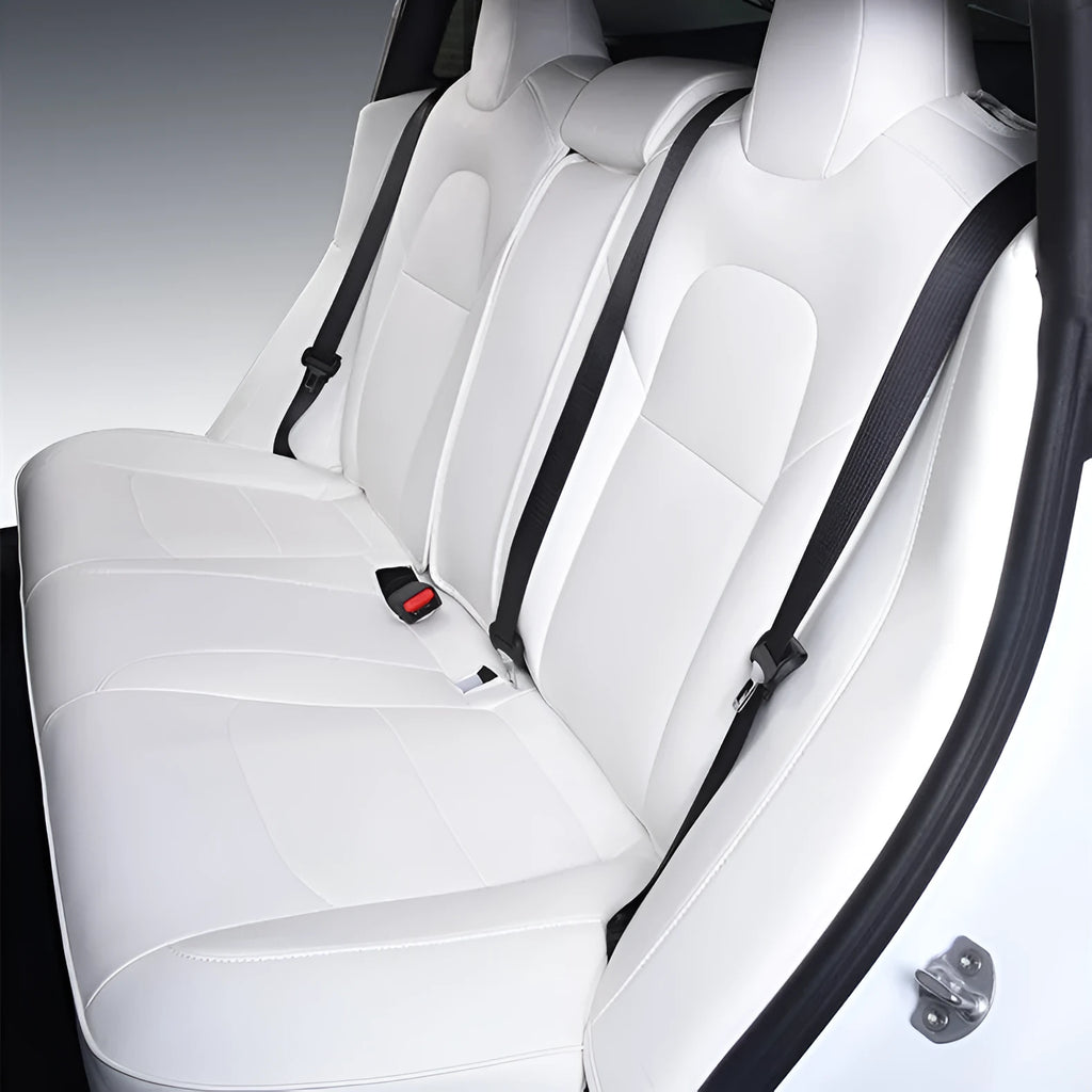 Tesla Model 3 and Y car seat cover interior package in black and white binding style.