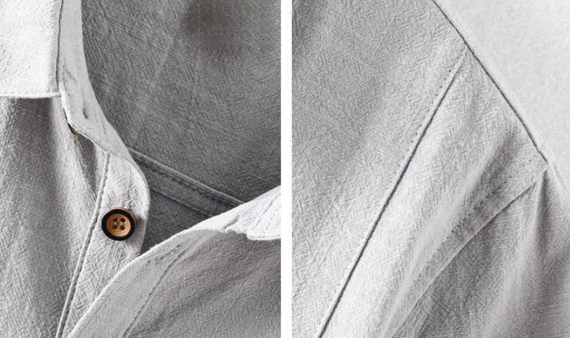 Men's loose-fit cotton linen casual shirt in a solid colour, shown on a hanger.