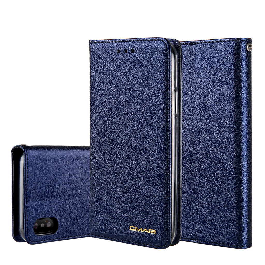 Black PU leather flip phone case for Apple iPhone with card slots open.