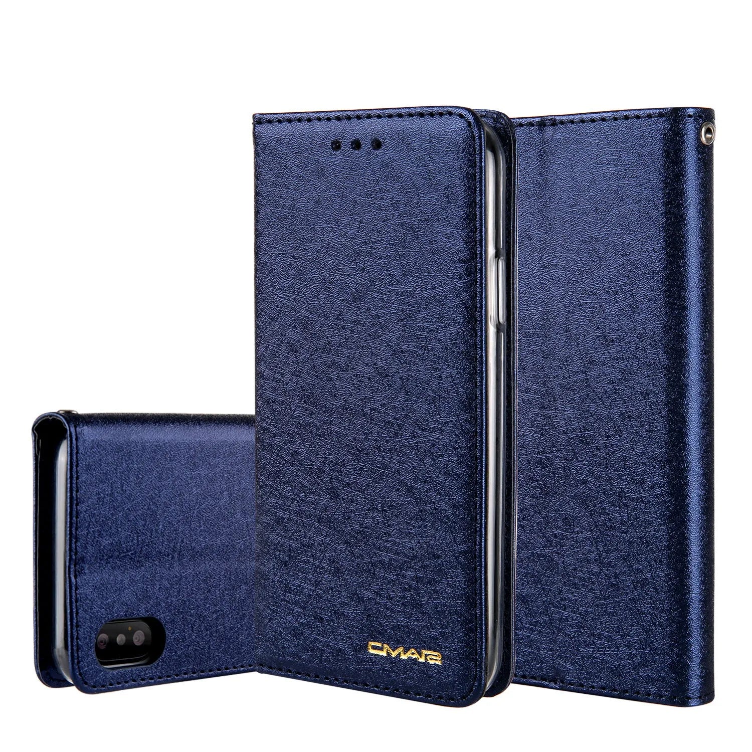 Black PU leather flip phone case for Apple iPhone with card slots open.