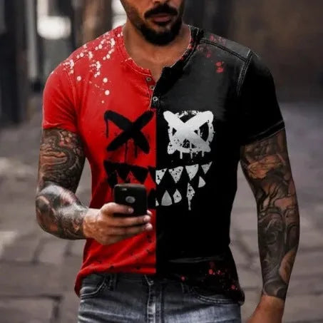 Men's blue short sleeve sports t-shirt with 3D printed graphic and lapel button detail