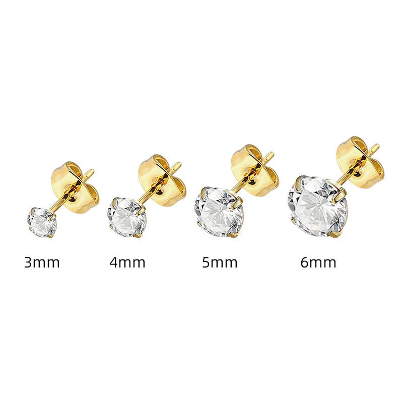 Titanium steel geometric square zircon stud earrings with round stones in gold and steel colour options