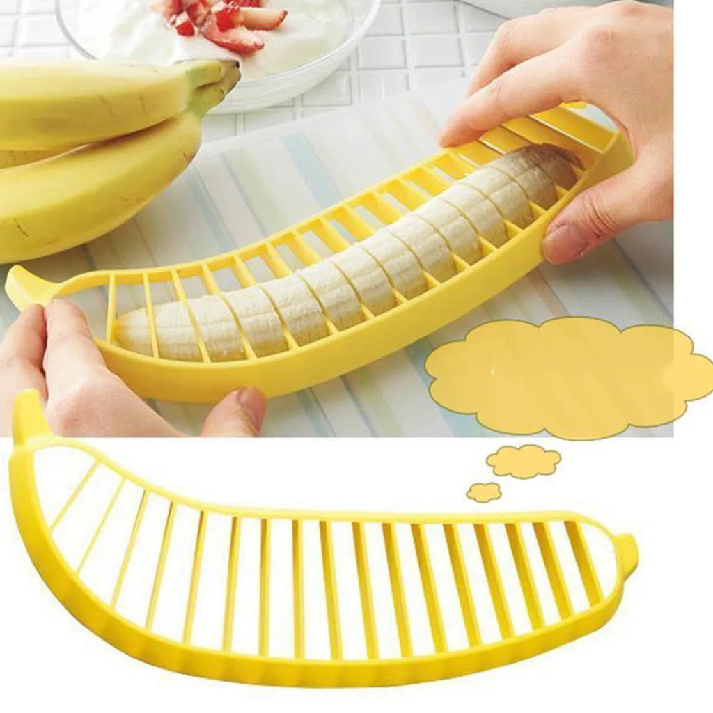 Yellow banana cutter food grade PP plastic kitchen tool approximately 25 cm long on a white background