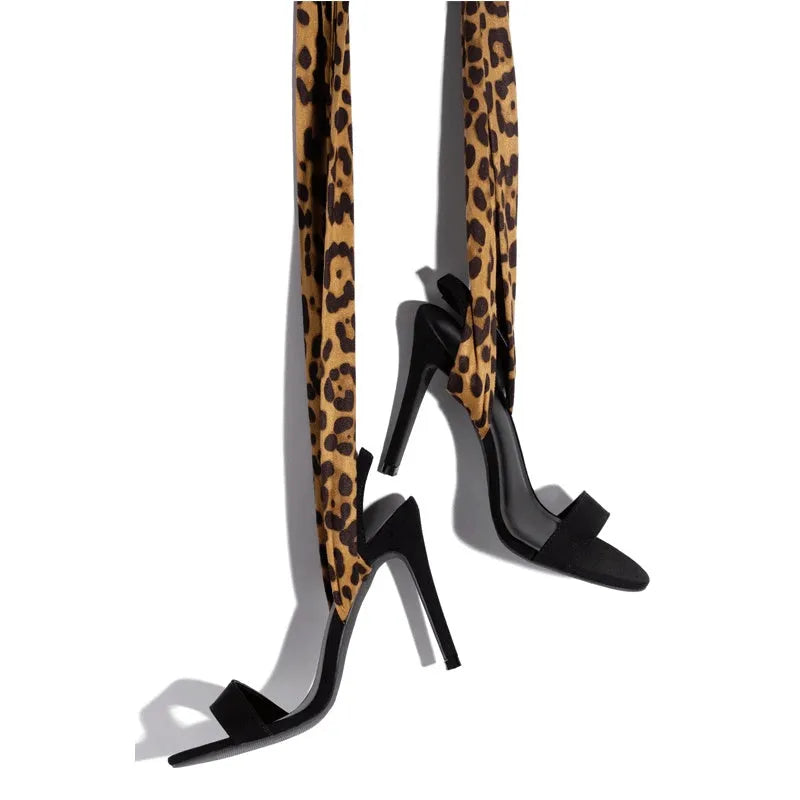 Light brown leopard print women's high heels with Roman style cross straps and fine heel