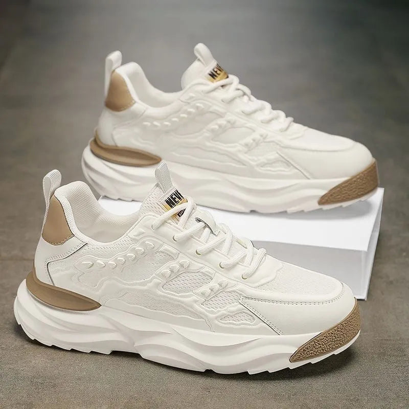 Men's breathable mesh shoes with PU mesh upper in round toe design, available in white and black