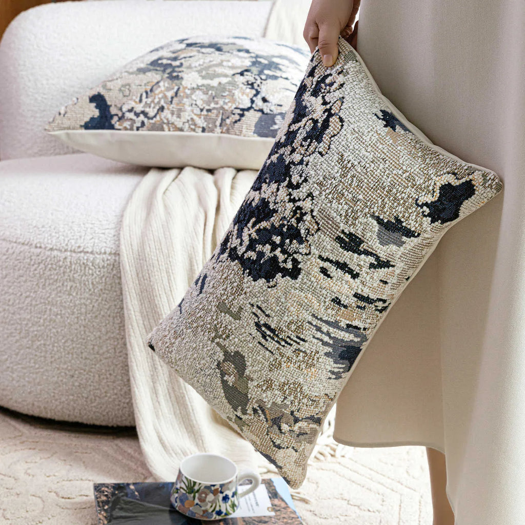 Blue flower and plant pattern decorative cushion in Chinese style, shown as square and lumbar pillow.