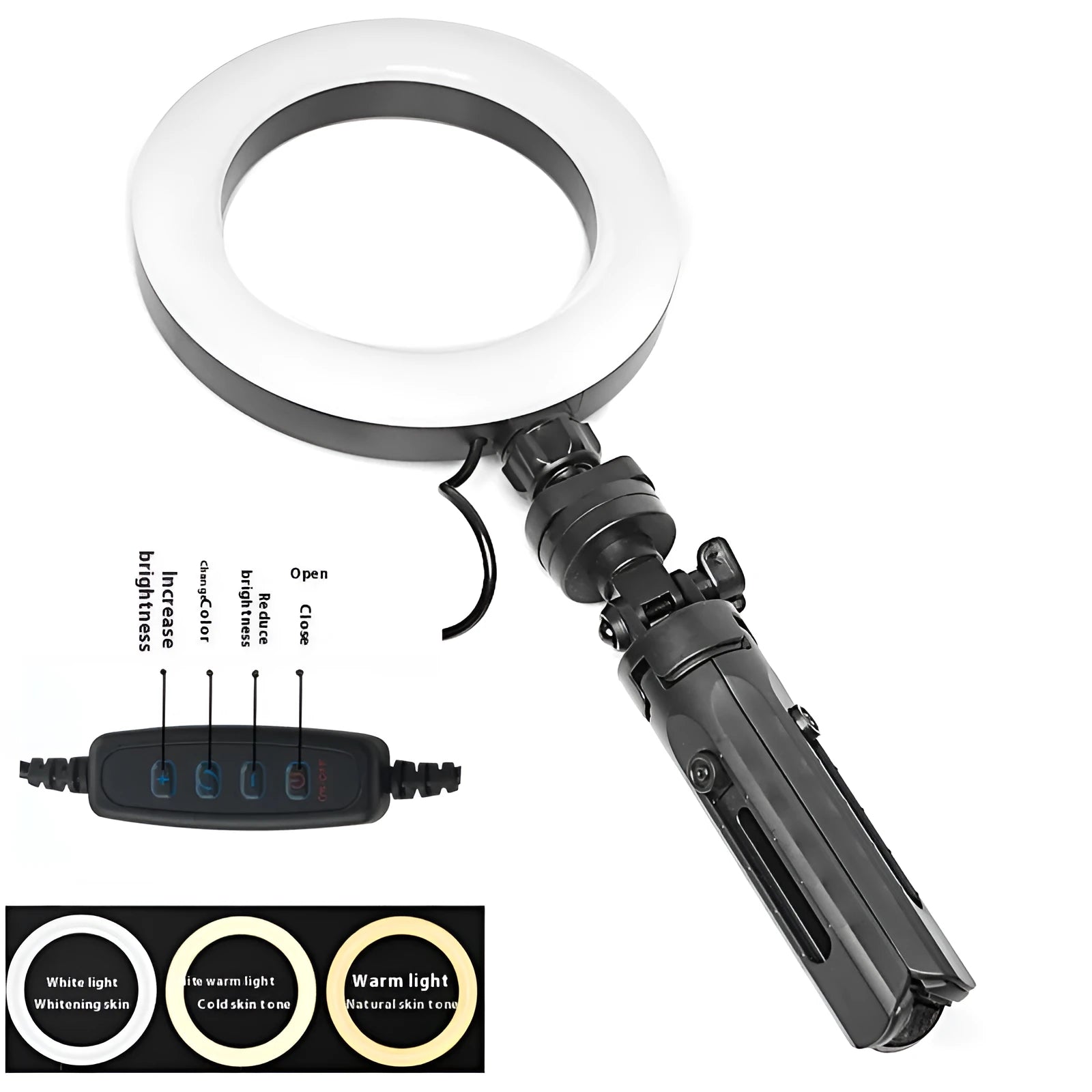 Black mobile live streaming bracket with adjustable colour fill light mounted on desktop tripod
