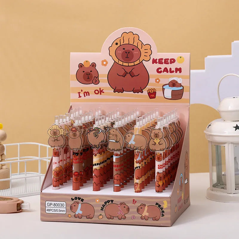 Box containing 48 cartoon bear decorative gel pens with plastic shells and carbon black ink