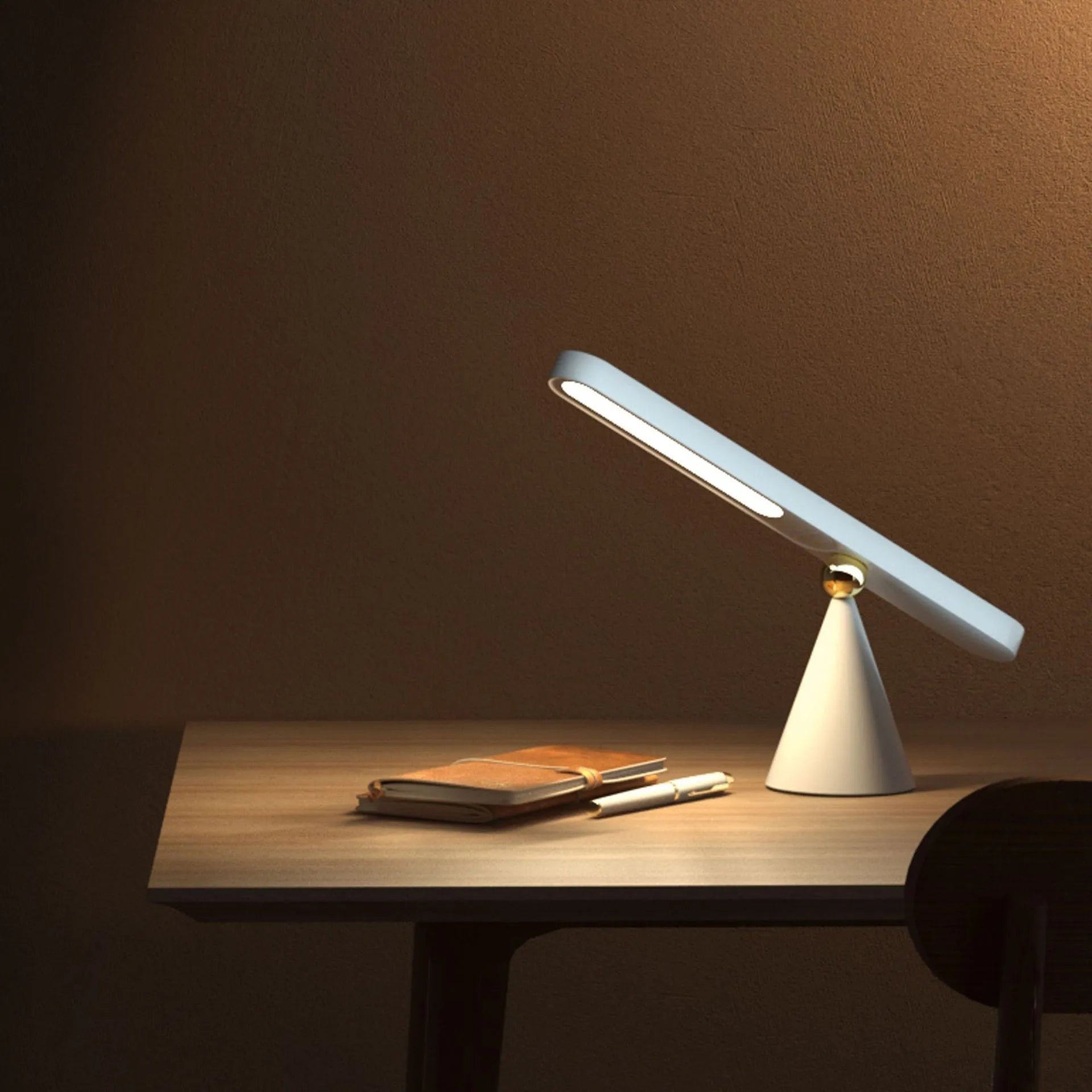 Geometric magnetic table lamp with PC shade in khaki or white featuring touch control and USB power for wall or desk use