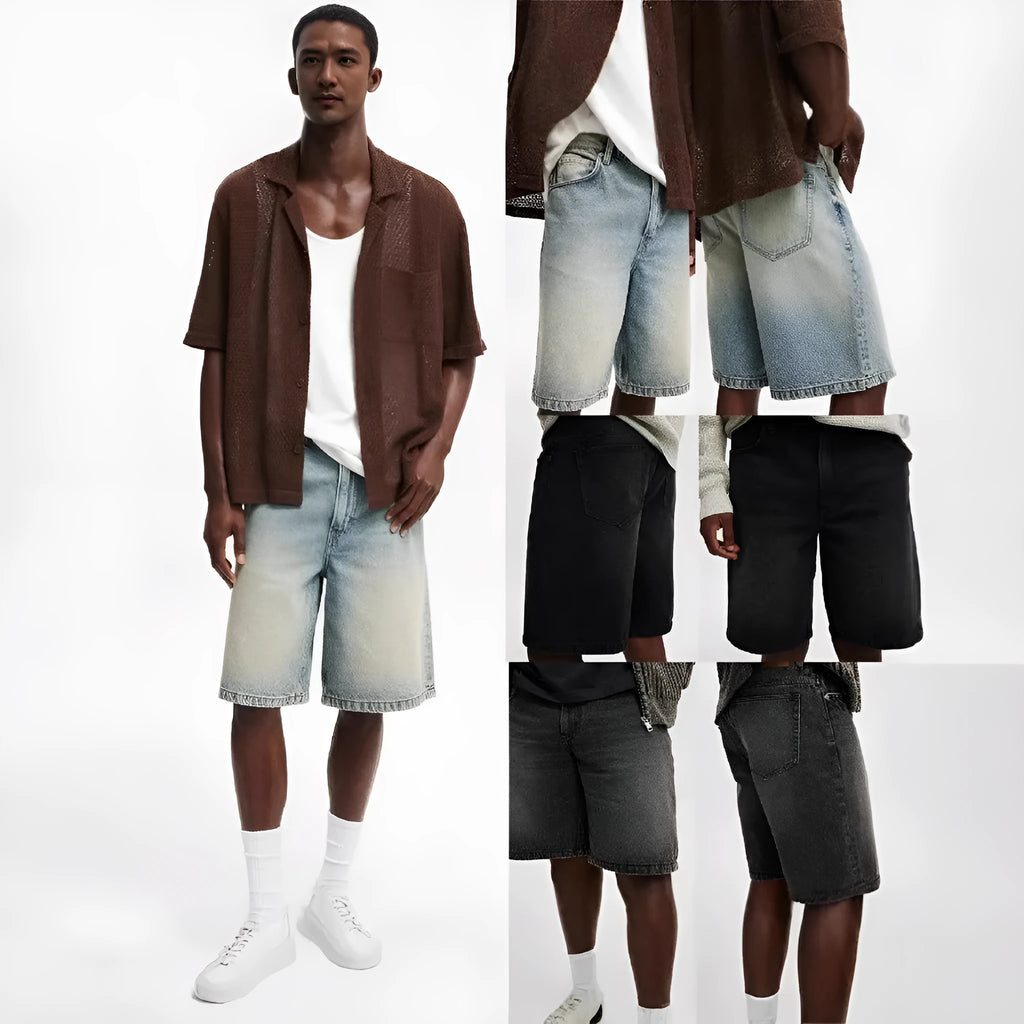 Men's loose straight-leg light blue denim jeans on a white background