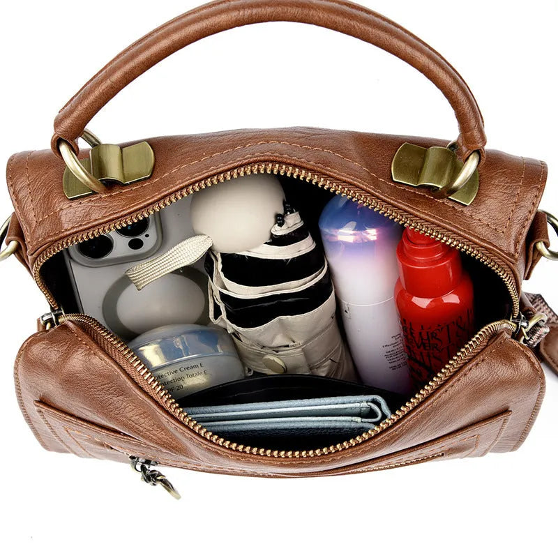 Women's soft PU retro crossbody bag in horizontal square shape with sandwich pocket exterior