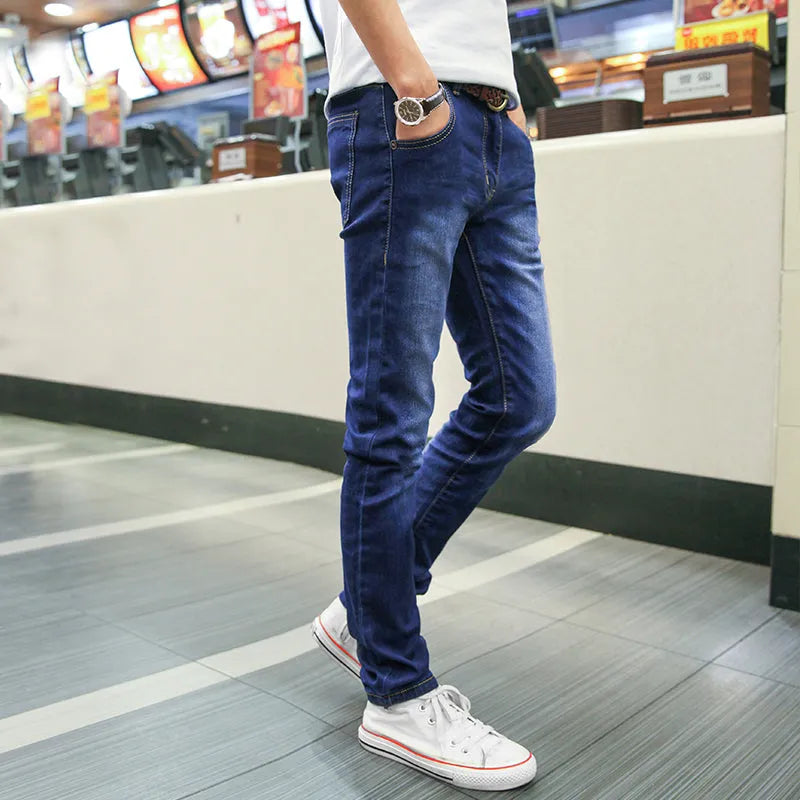 Men's stretch slim fit skinny pants in tapered leg style, spring trousers in blue with zipper fly
