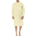 Man wearing a light blue cotton shirt robe with a simple chest pocket.