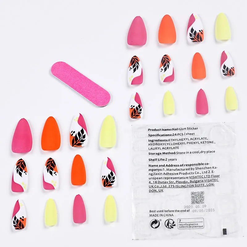 Wear Armour brand medium almond shaped frosted nail sticker set showing four different designs: French colourful leaf, colourful plating, star flash macaron, and gradient leopard print.