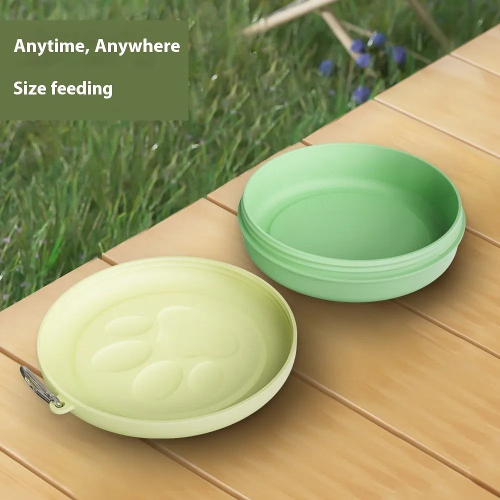 Collapsible portable dog bowl in pink and green colour options shown in both open and folded positions