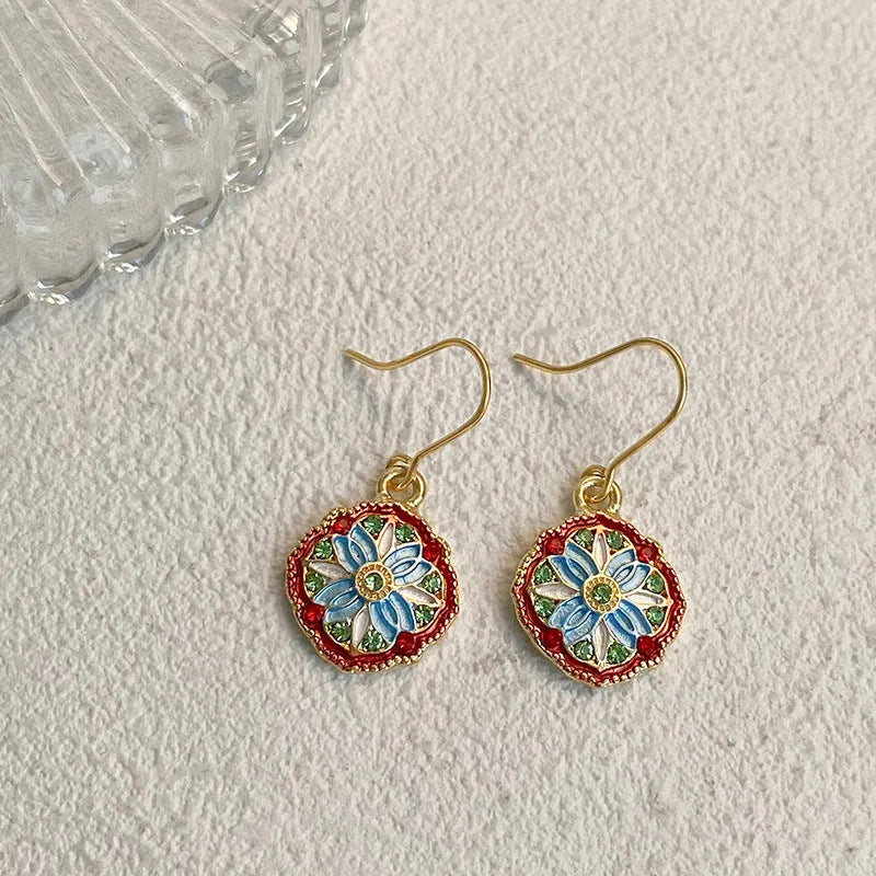Oil painting earrings for women, New Chinese style, ZC916 Golden Yellow, electroplated alloy, one pair.