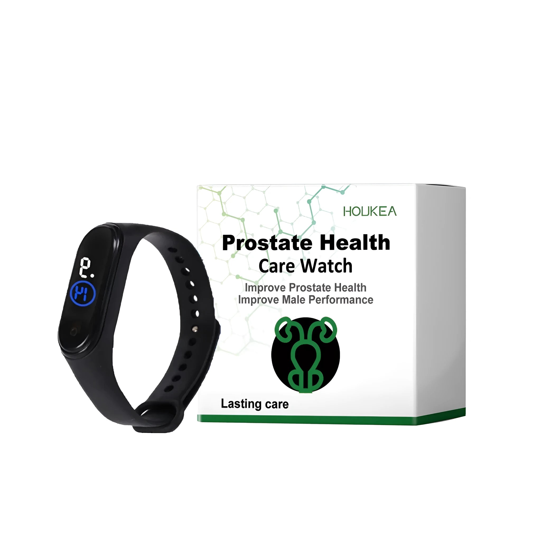 Prostate health care watch in TPU and plastic, compact 7x2.2x7cm size, on wrist for daily wear