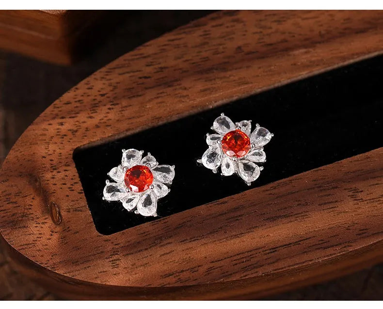 Retro red U-shaped and quadrilateral drop earrings in 925 silver with white gold colour electroplating for women