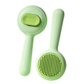 Green and yellow pet grooming brushes with stainless steel teeth and non-slip plastic handles.