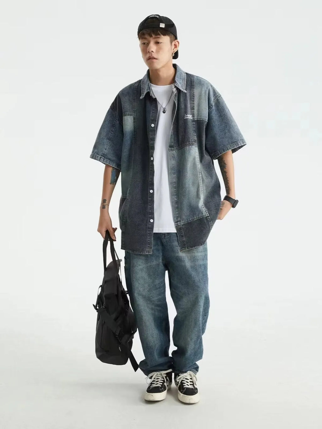 Blue Japanese-style retro washed denim shirt for men in a loose cardigan fit.