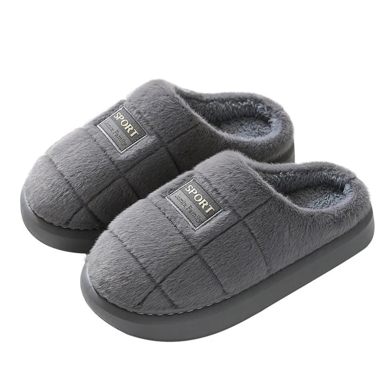 Men's plaid rabbit hair slippers with thick EVA sole and artificial wool lining in brown colour.
