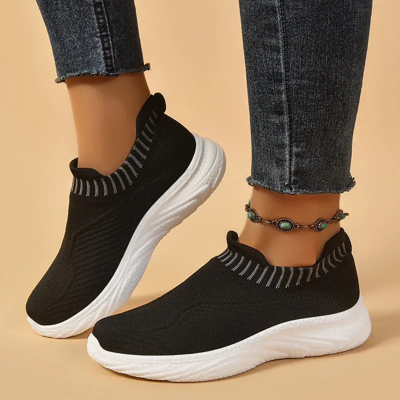 Women striped flat sneakers lightweight breathable slip on shoes PU outsole Black