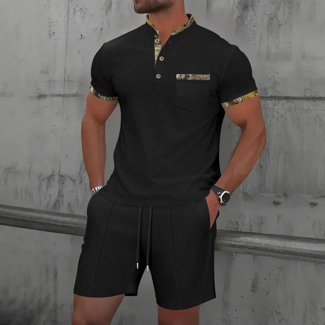 Men's grey waffle texture two-piece summer suit with zipper polo collar short sleeve top and matching shorts