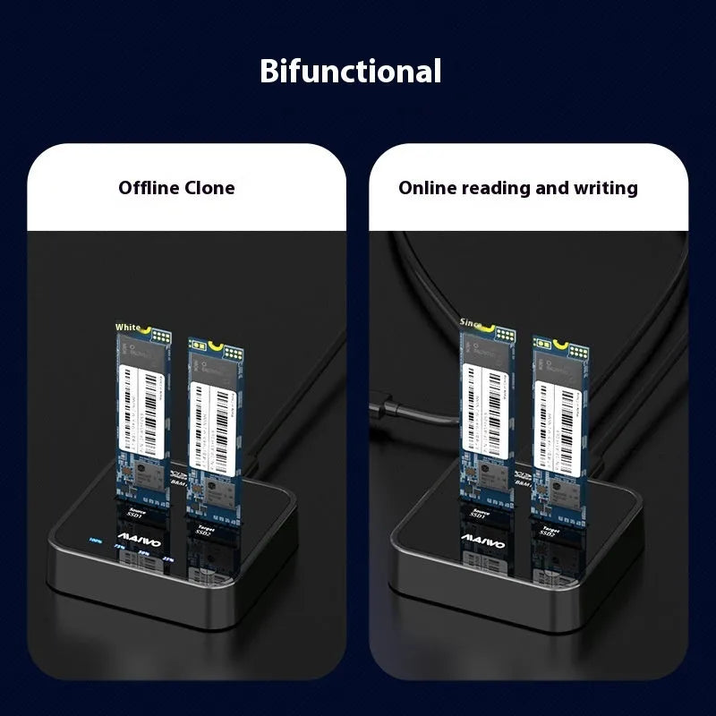 MAIWO K3016 M.2 SSD hard disk duplicator dock with data cables and power adapter.