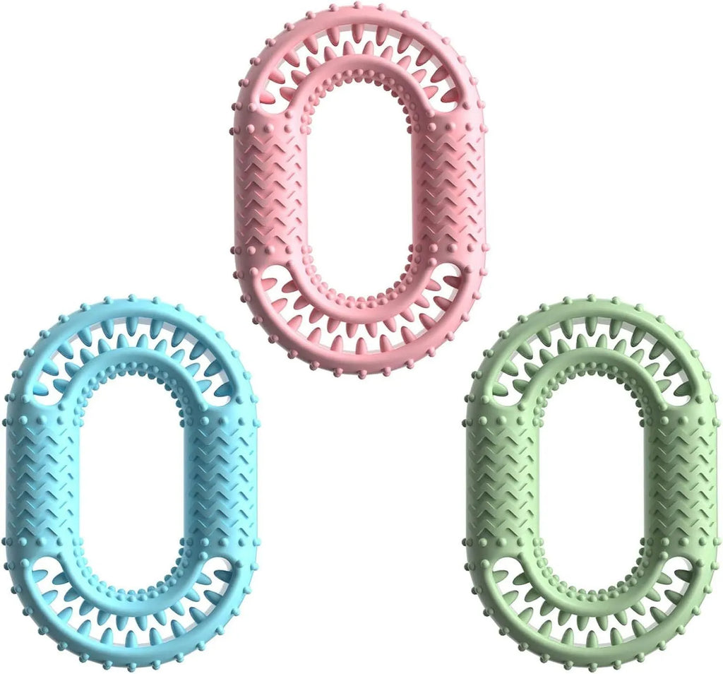 Blue O-ring shaped dog chew toy for aggressive chewers and dental care.