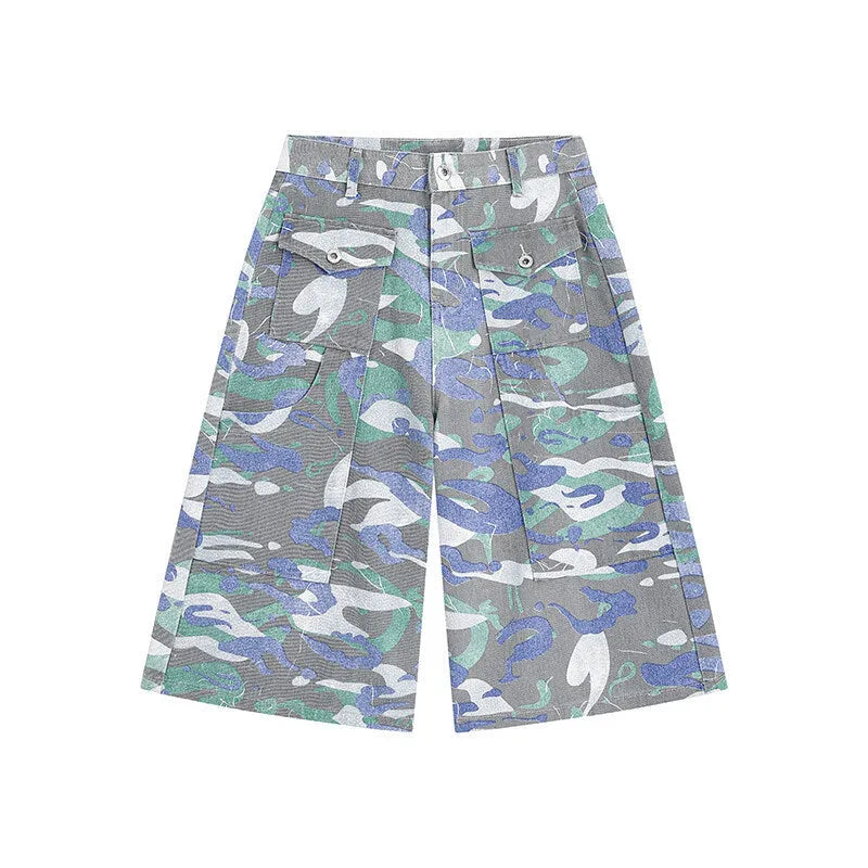 Camouflage colour denim cropped trousers with a straight leg and workwear pocket detail.