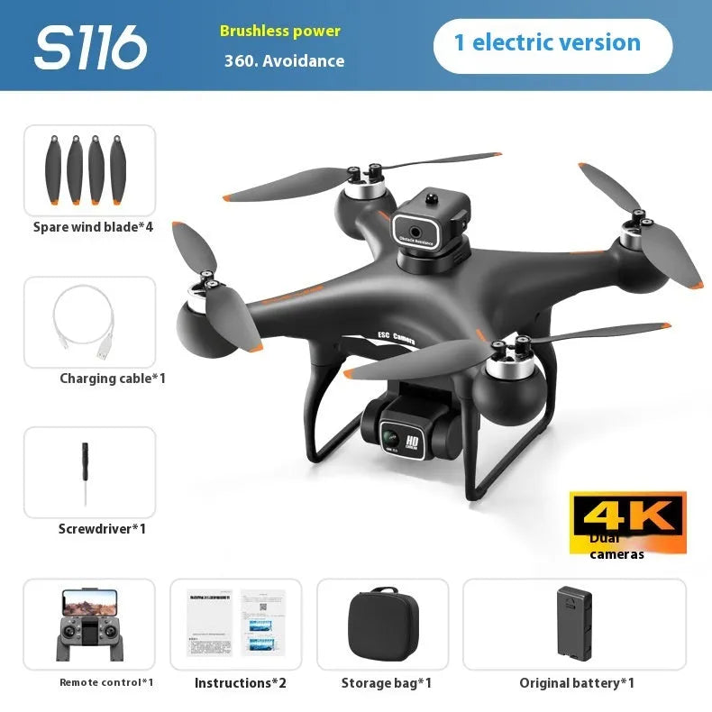 Black brushless UAV quadcopter with four obstacle avoidance sensors and dual HD cameras