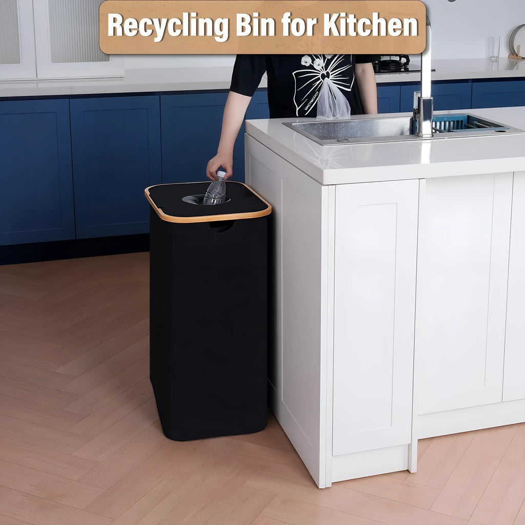 Black bamboo storage basket with a removable lid, side ventilation holes, and two inner pockets.