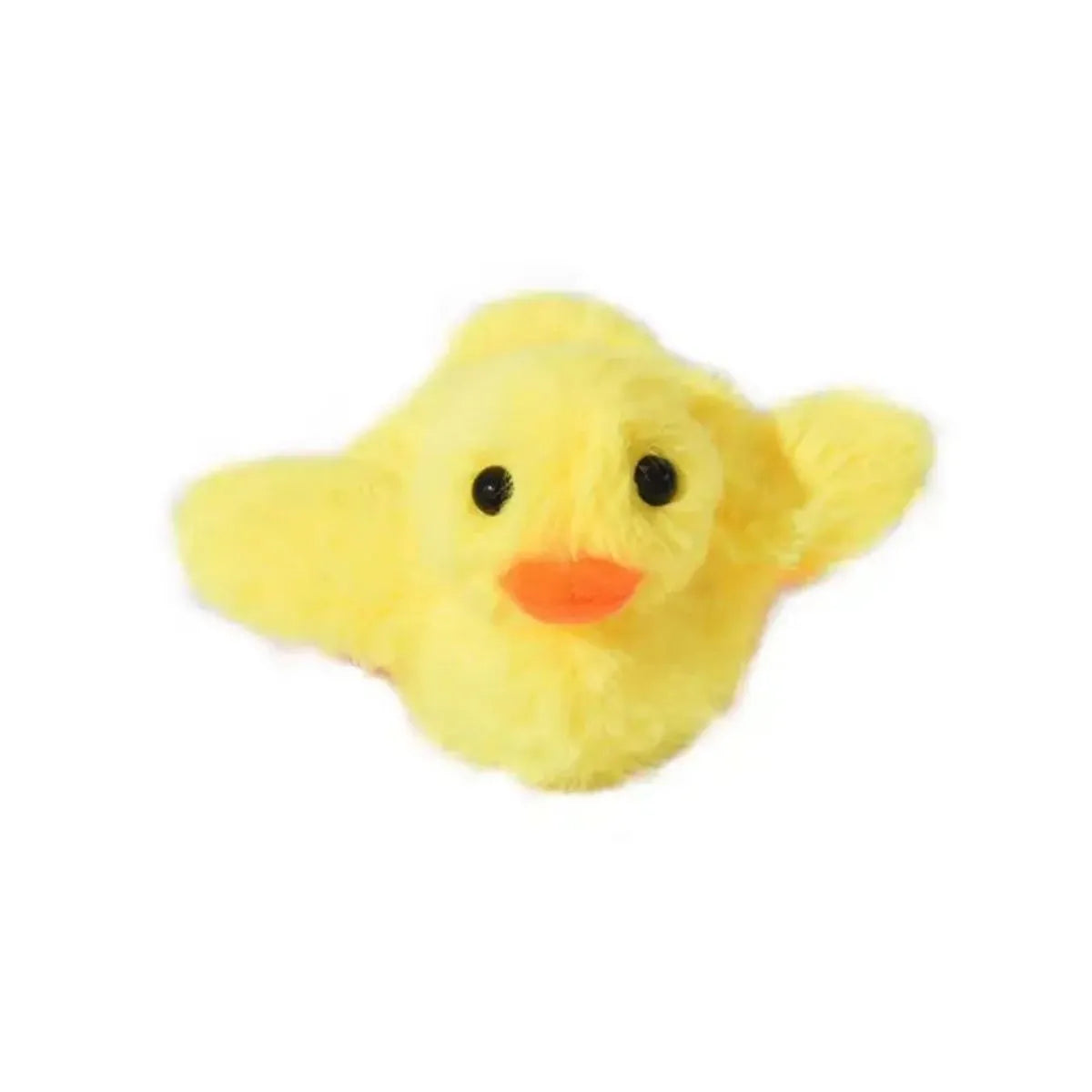 Yellow polyester plush duck-shaped electronic cat toy with USB charging cable.