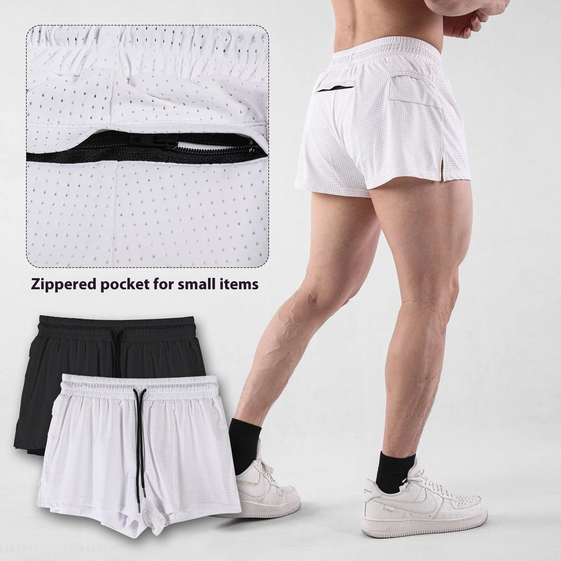 Men's quick-drying nylon summer shorts in white or black with mid-waist design and shorts length