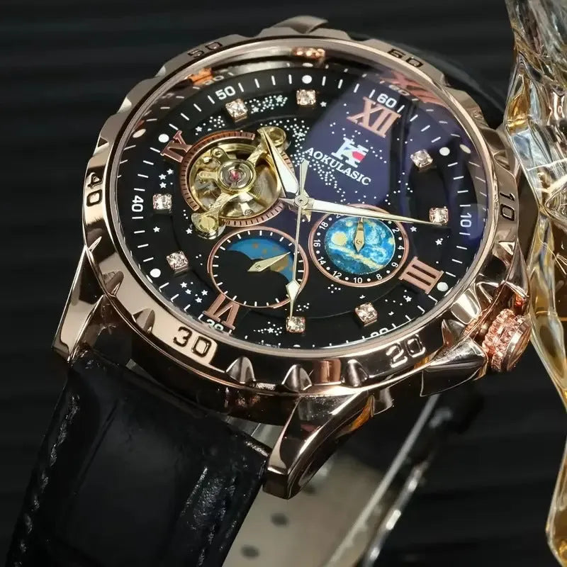 Men's automatic mechanical watch with black rose gold case, hollow dial showing movement, leather strap