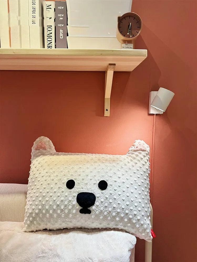 West Highland puppy dog pillow on sofa, grey and white dog-themed design, 50cm length
