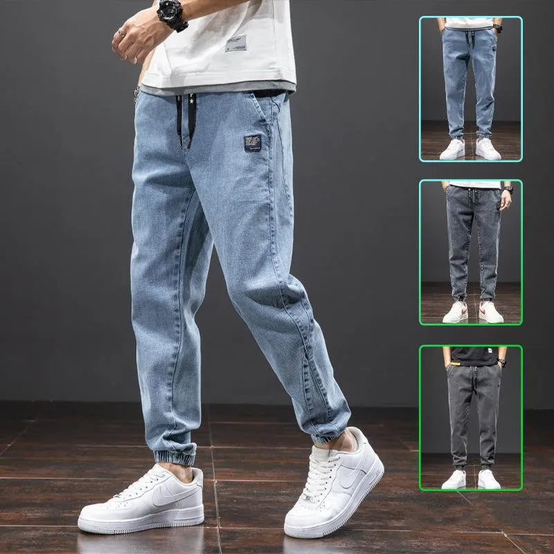 Men's casual loose stretch cotton jeans in black, available in sizes M to 8XL for relaxed daily wear