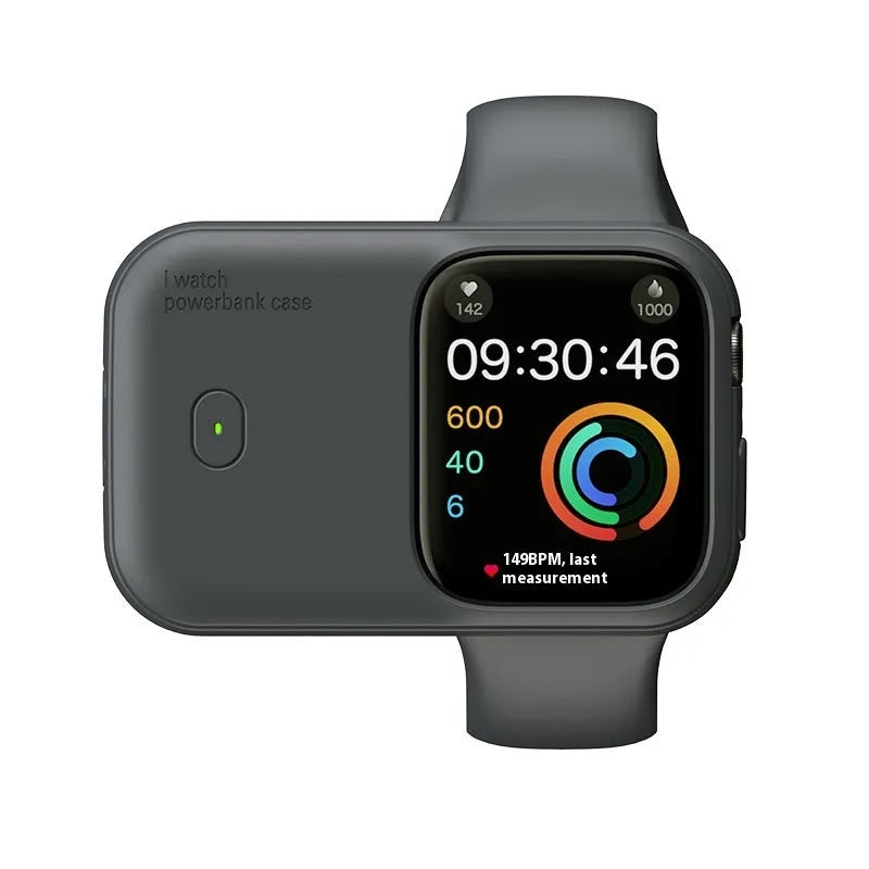 Apple Watch portable wireless charging case with silicone protective cover in Brown, Midnight Blue, or Starlight.