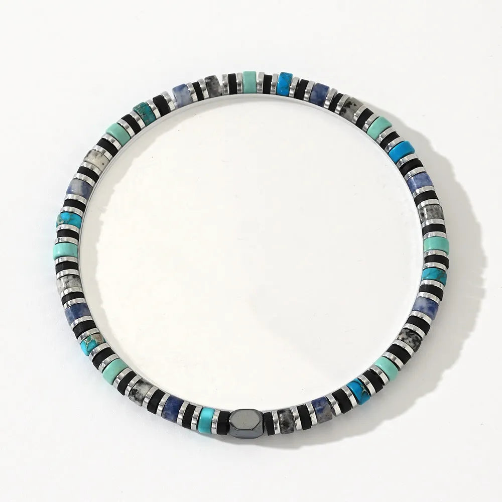 Bohemian cylindrical semi-precious stone bracelet, hand-woven natural stone geometry style BB24062013A