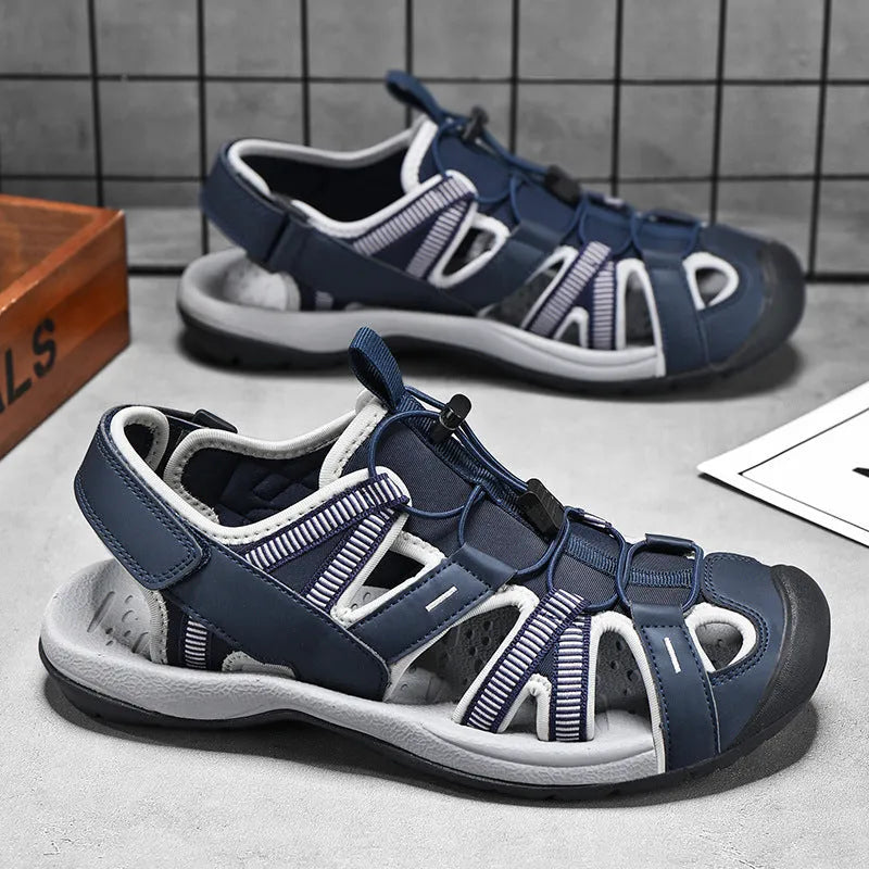 Men's blue and black casual sports shoes with mesh upper, rubber sole, and Velcro strap.