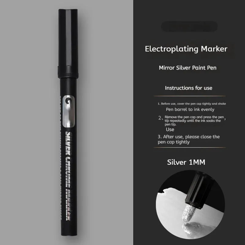 Waterproof mirror marker pen with plastic body, shown with 1mm and 2mm fine tip options.