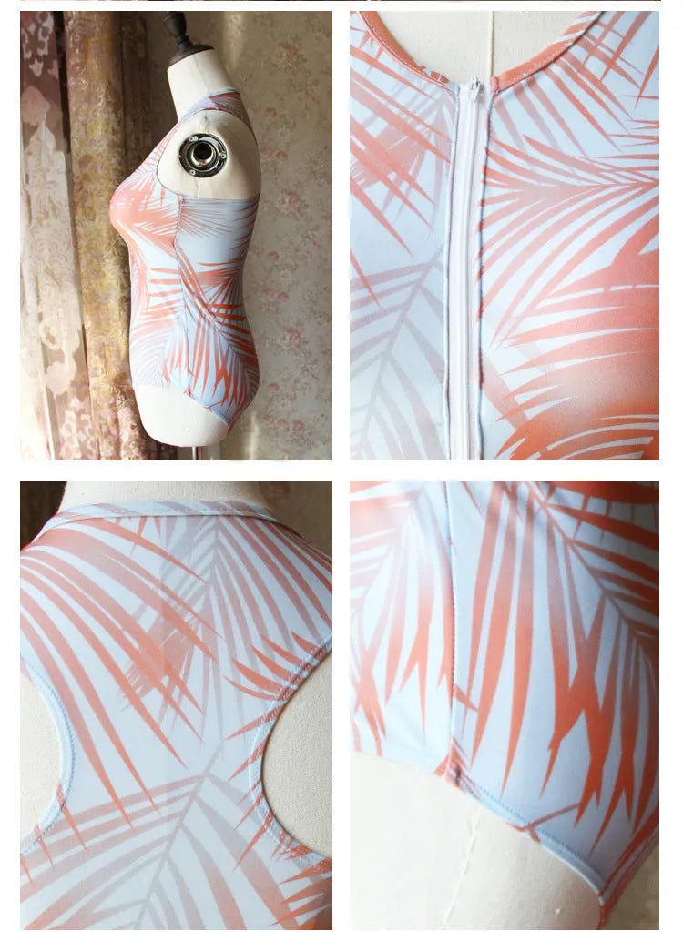 Women's orange spandex one-piece swimsuit for hot springs and pool use, Asian sizing S-2XL