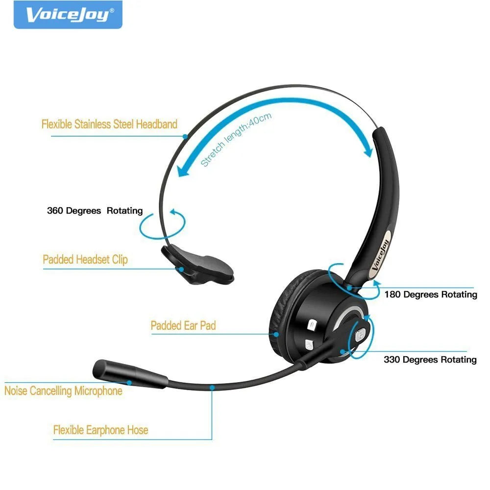 Bluetooth headset with microphone and noise cancellation for truck drivers and office professionals