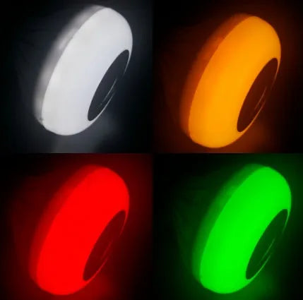 White Bluetooth speaker LED light bulb with E27 base showing multi-colour lighting options