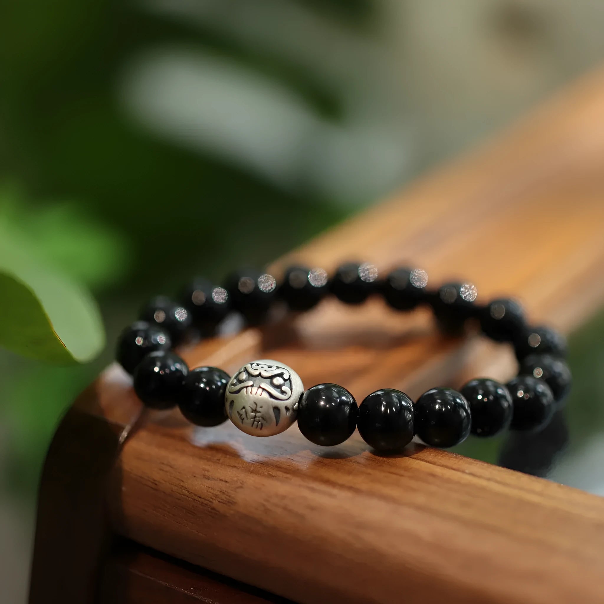 10mm black agate beads on sterling silver bracelet with Chinese style design