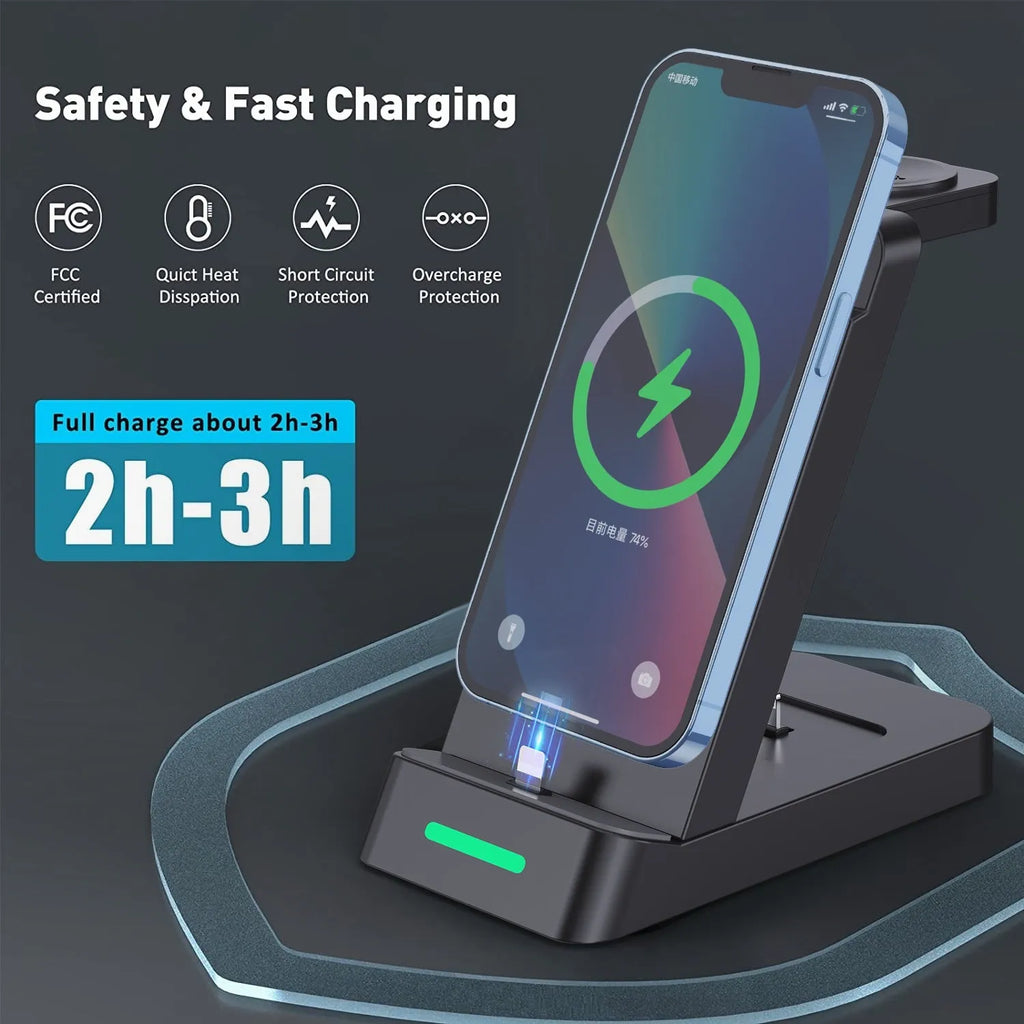 Black 3 in 1 wireless charging station with phone stand holding smartphone, smartwatch and earbuds