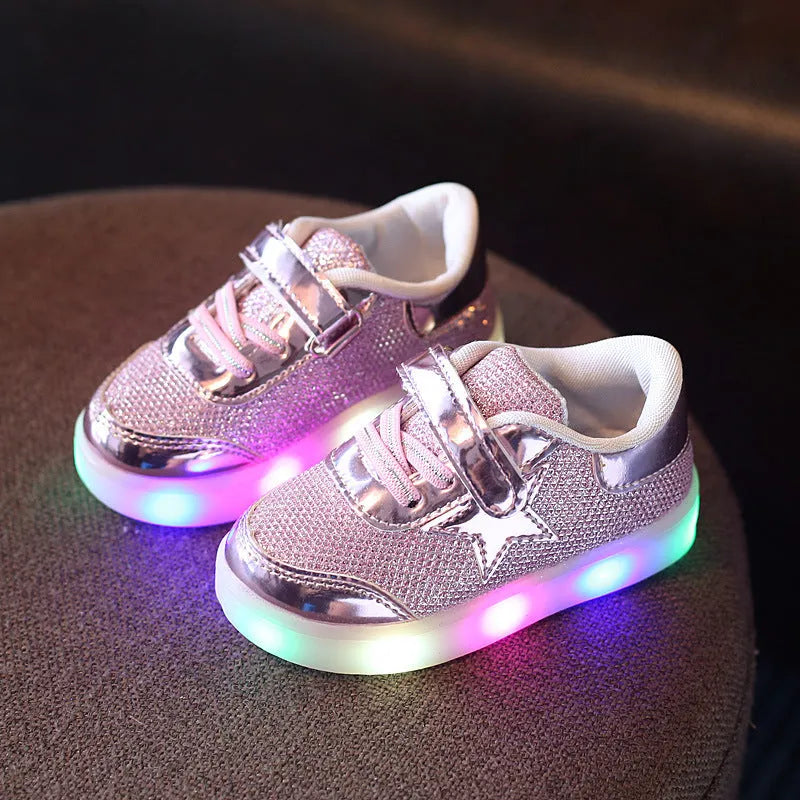 LED shoe magic button in golden with illuminated light, for children's shoes sizes EU 21-30