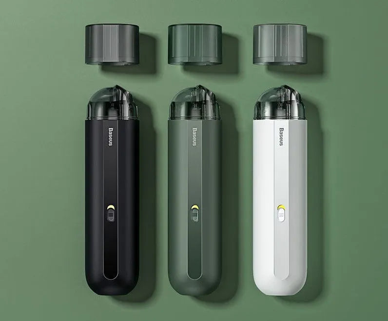 Baseus wireless handheld car vacuum cleaner in black, showing mini size and nozzle attachments.