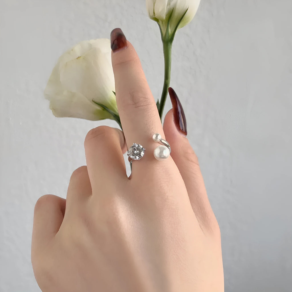 S925 sterling silver open ring with zircon and pearl inlay, electroplated platinum finish, adjustable opening