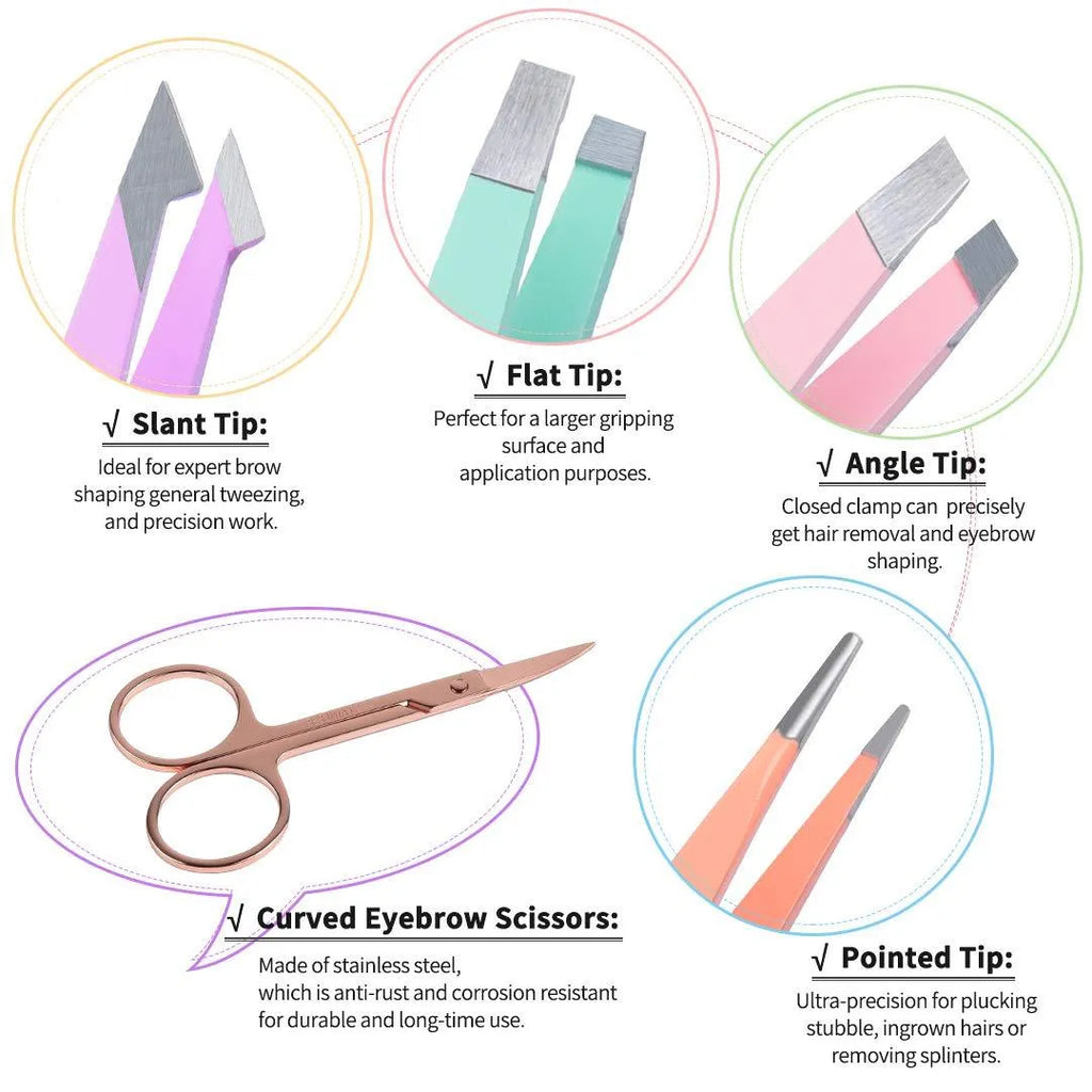 Professional stainless steel eyebrow tweezers, curved scissor, brush, and leather case in a 6-piece grooming set.